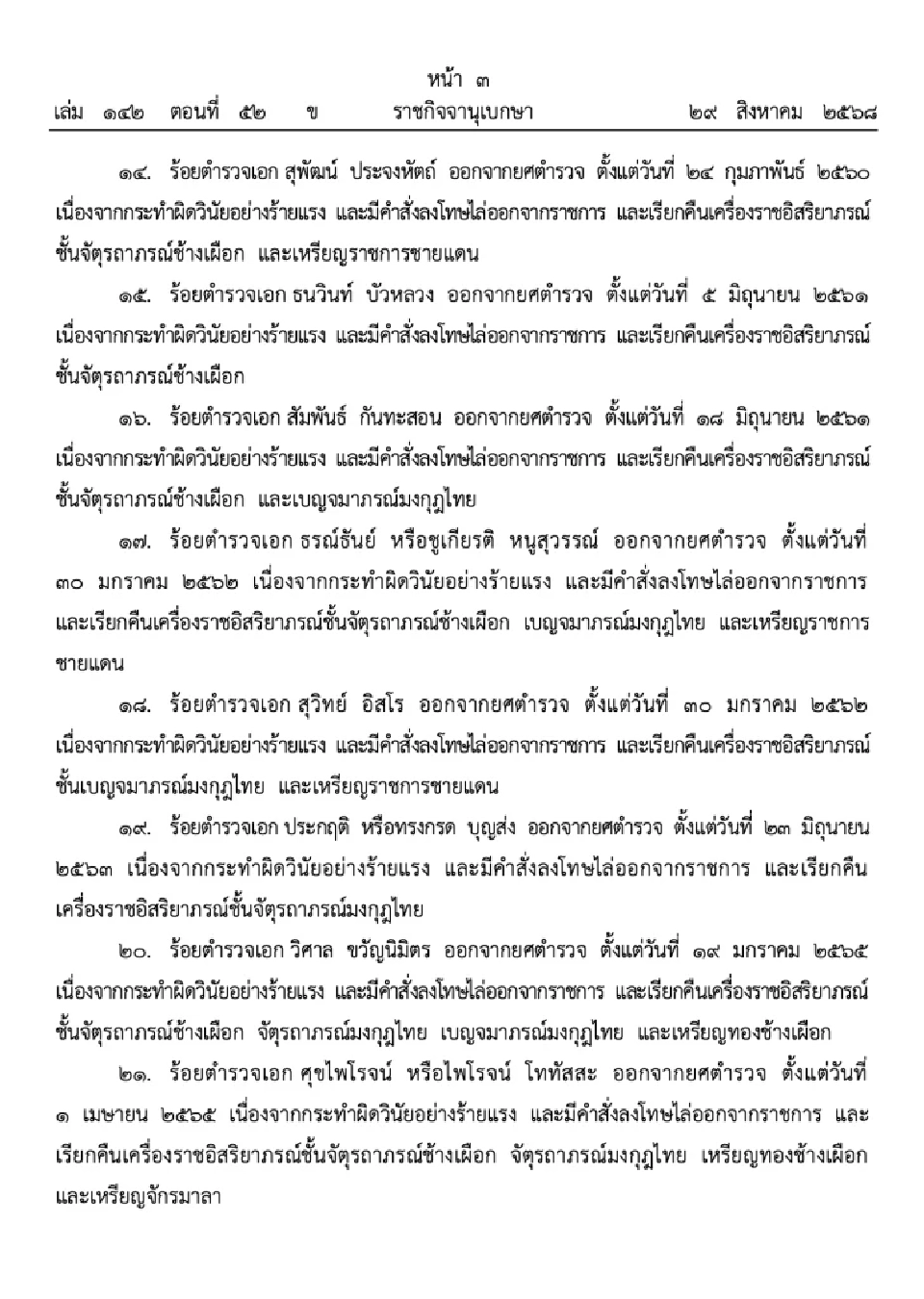 โปรดเกล้าฯ ถอดยศตำรวจ 34 นาย เรียกคืนเครื่องราช ทำผิดวินัยร้ายแรง