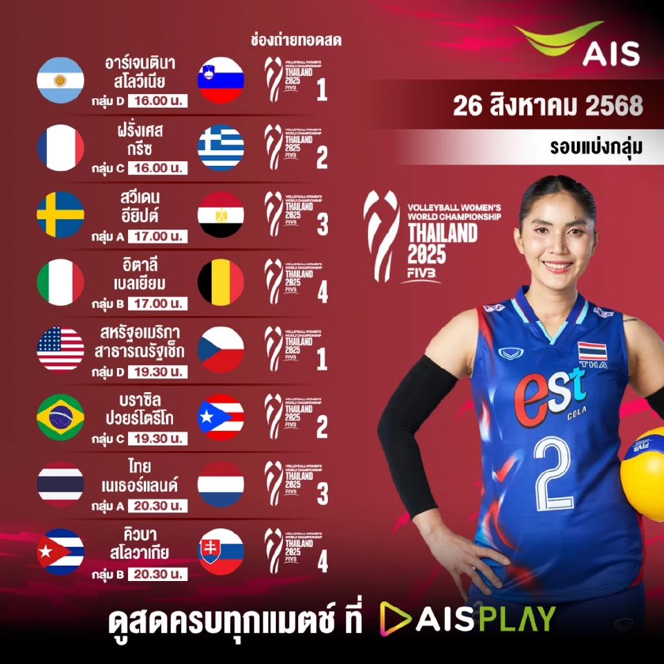ถ่ายทอดสด Liveวอลเลย์บอลหญิงชิงแชมป์โลก 'ไทย vs เนเธอร์แลนด์'  26 ส.ค.68