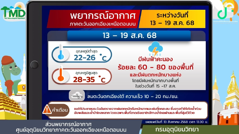 ภาคตะวันออกเฉียงเหนือ มีฝนฟ้าคะนองร้อยละ 60 - 80 ของพื้นที่ และมีฝนตกหนักบางแห่ง โดยมีฝนหนักมากบางพื้นที่ 