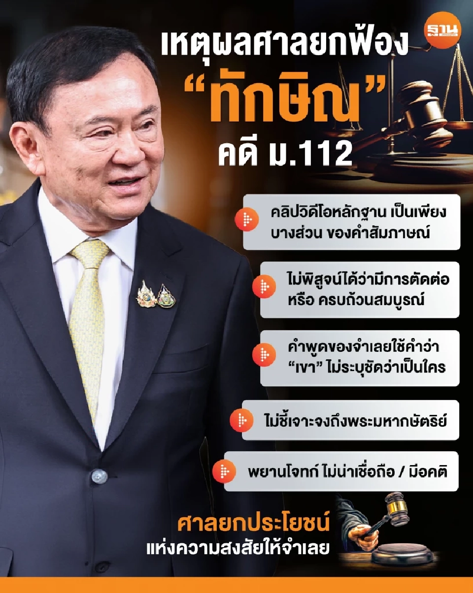 คำพิพากษาเต็ม สาเหตุยกฟ้องทักษิณ คดีม.112-พ.ร.บ.คอมฯ
