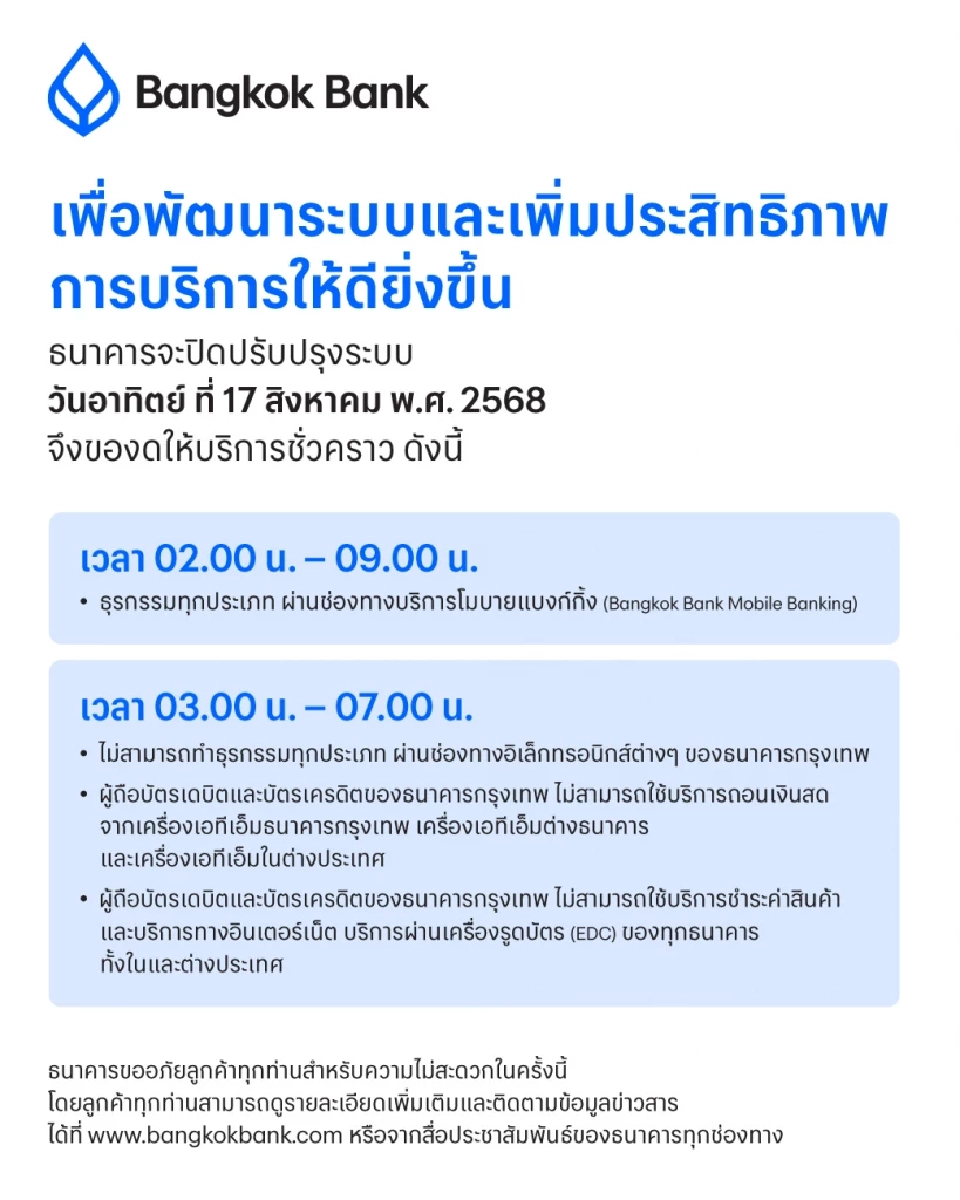 ธนาคารกรุงเทพ จำกัด เตรียมปิดปรับปรุงระบบชั่วคราว 