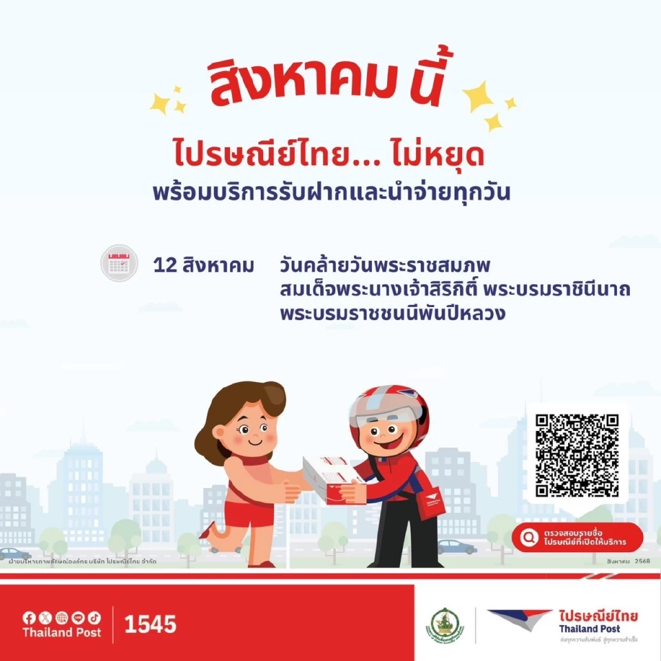 12 สิงหาคม 2568 &quot;วันแม่แห่งชาติ&quot; ไปรษณีย์ไทยหยุดไหม