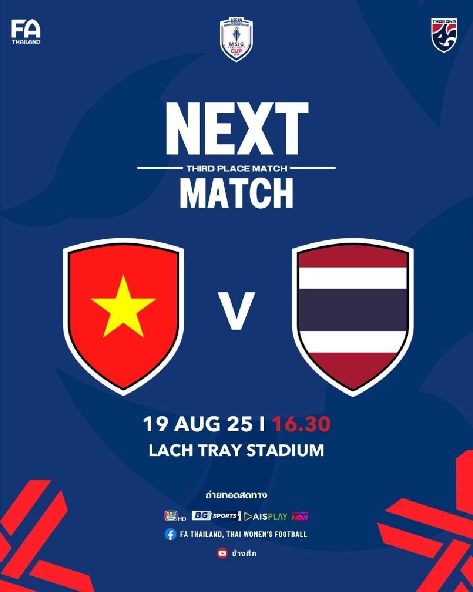 ดูบอลสด ทีมชาติไทย พบ เวียดนาม นัดชิงที่ 3 ฟุตบอลหญิงชิงแชมป์อาเซียน