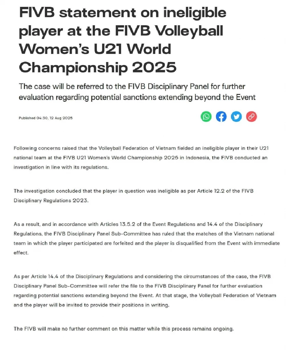 วอลเลย์บอลเวียดนาม ช็อก! FIVB ริบคืนชัยชนะ U21 ศึกชิงแชมป์โลก 2025