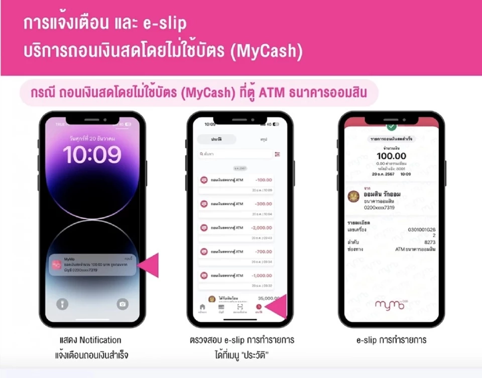 การแจ้งเตือน และ e-slip บริการถอนเงินสดโดยไม่ใช้บัตร (MyCash)
