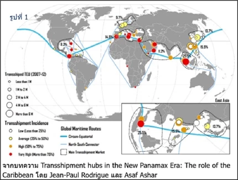 เส้นทางเดินเรือหลักของเรือแม่ระหว่างท่าเรือหลัก (แสดงด้วยวงกลม) และเขตอิทธิพลของแต่ละท่าเรือหลัก (พื้นที่ในเส้นประ) และมีอาเซียนเป็นเขตอิทธิพล ส่วนท่าเรือโคลัมโบของศรีลังกามีเอเชียใต้และตะวันออกกลางเป็นเขตอิทธิพล