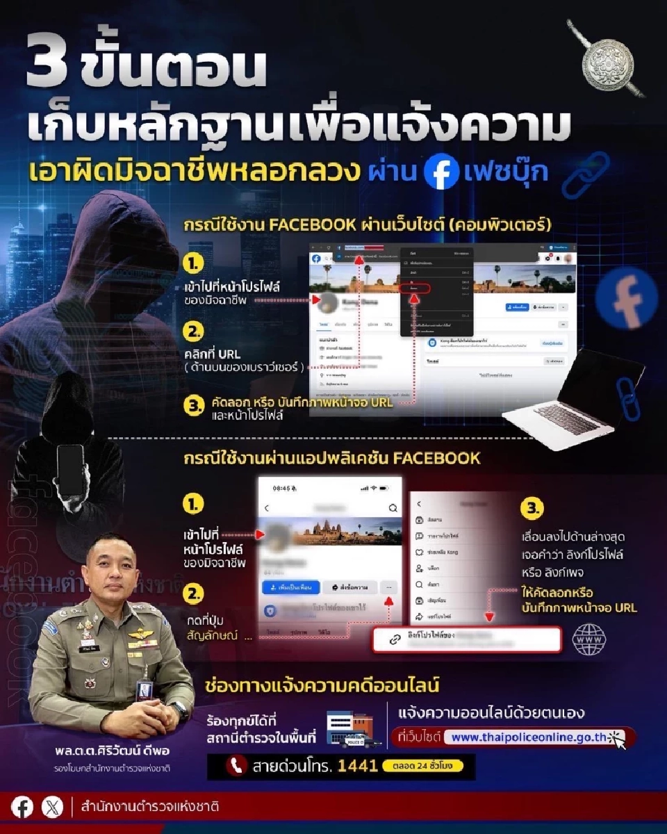 แนะนำวิธีเก็บ URL เฟซบุ๊กมิจฉาชีพใช้เป็นหลักฐานดำเนินคดี