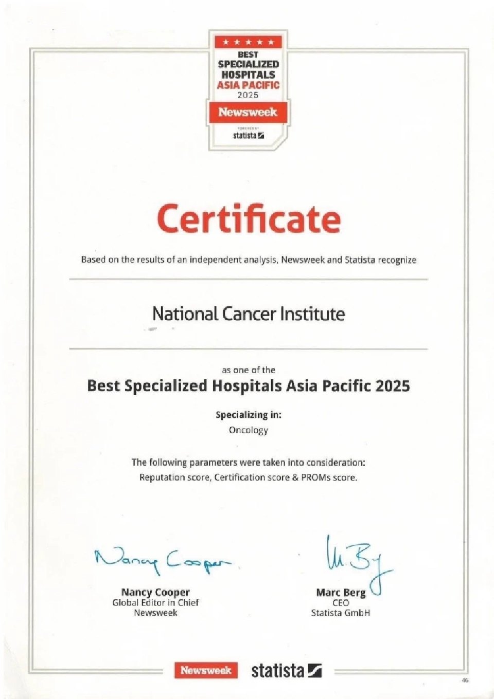 สถาบันมะเร็งแห่งชาติ คว้าแชมป์หนึ่งใน 'รพ.เฉพาะทางดีที่สุดในเอเชียแปซิฟิก 2025' 