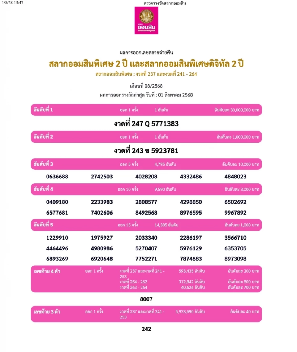 ตรวจสลากออมสิน พิเศษ 2 ปี งวดประจำวันที่ 1 สิงหาคม 2568