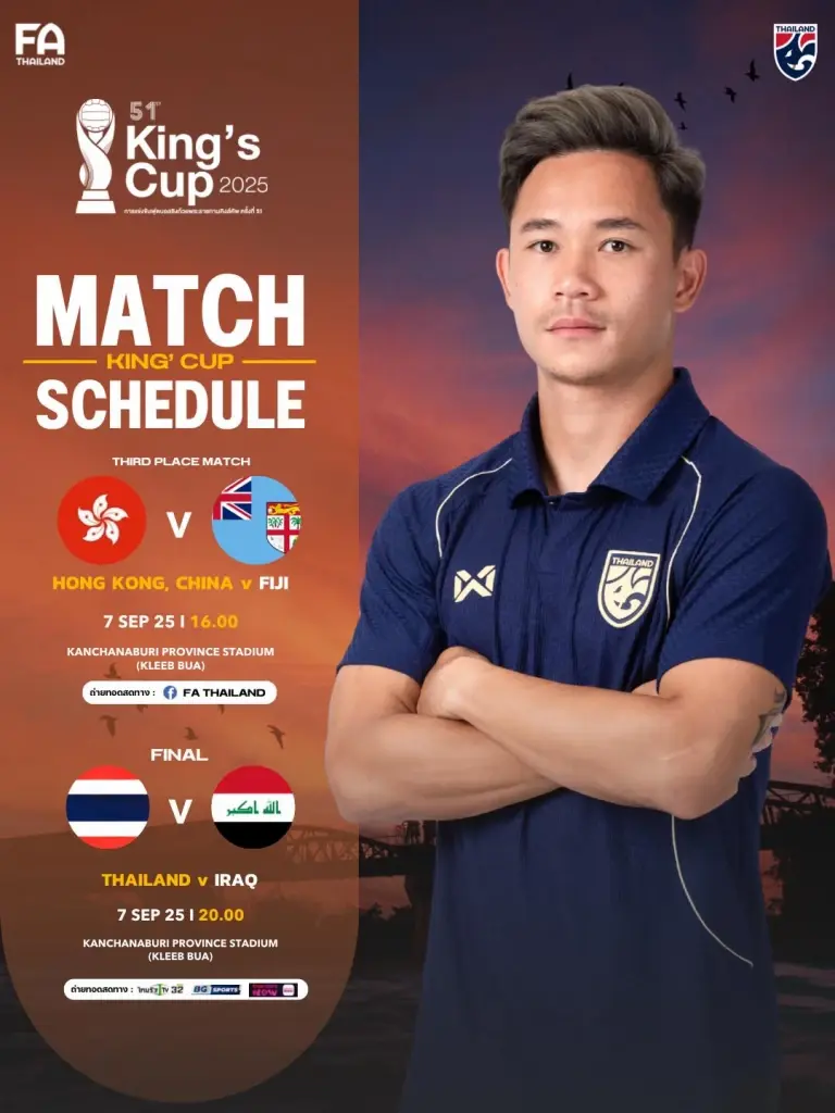 LIVE ตารางถ่ายทอดสดฟุตบอลคิงส์ คัพ King's Cup 2025 วันที่ 7 ก.ย.68 คู่แรกชิงที่ 3 ฮ่องกง พบ ฟิจิ ส่วนคู่ชิง ทีมชาติไทย  พบ อิรัก 