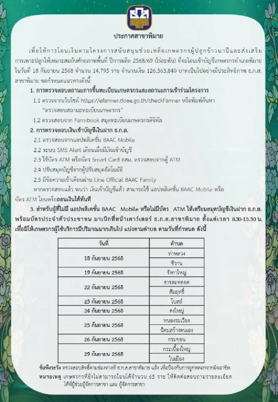 'เงินช่วยเหลือชาวนา' ไร่ละ 1,000 บาท ธ.ก.ส. นัดโอนเงินรอบ 2