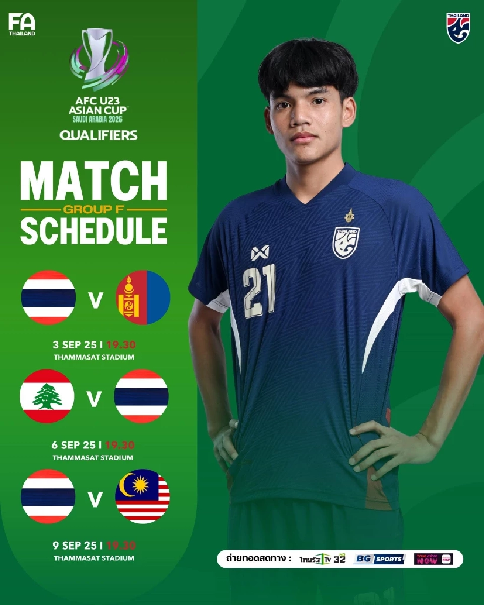โปรแกรมทีมชาติไทย U23 ลุยศึกชิงแชมป์เอเชีย รอบคัดเลือก AFC U-23 Asian Cup กลุ่ม F 