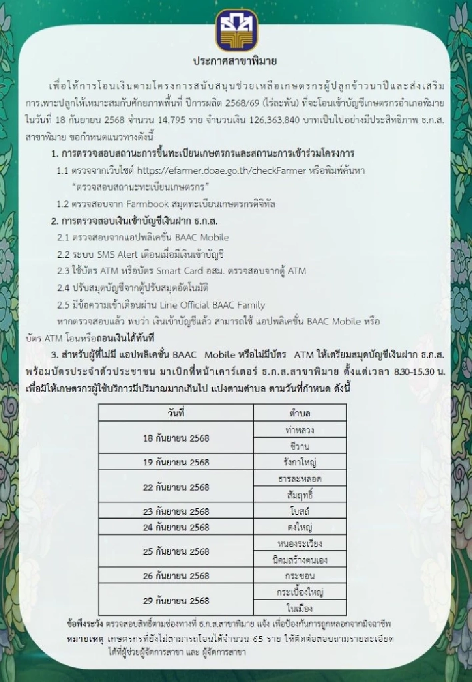 'เงินช่วยเหลือชาวนา' ไร่ละ 1,000 บาท ธ.ก.ส. นัดโอนเงินรอบ 2