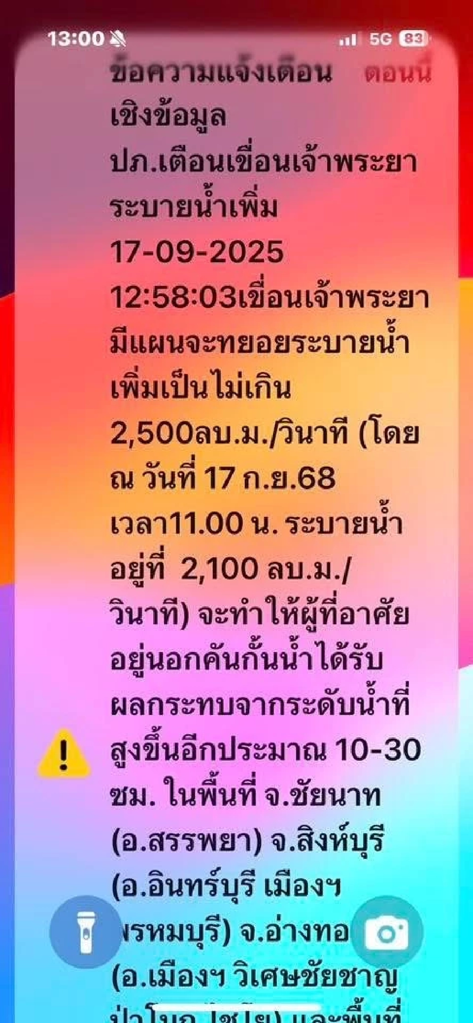 ปภ.ส่ง Cell Broadcast เตือนเขื่อนเจ้าพระยาระบายน้ำเพิ่ม 8 อำเภอ 