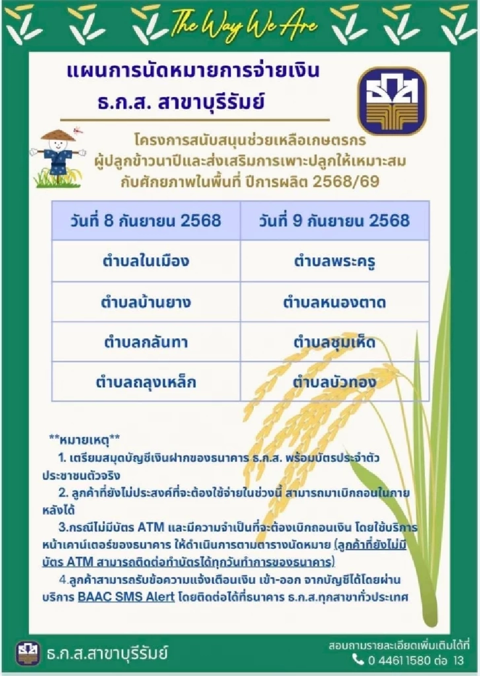 ตารางการโอนเงินไร่ละ 1000 68/69 ธ.ก.ส. สาขาบุรีรัมย์ 