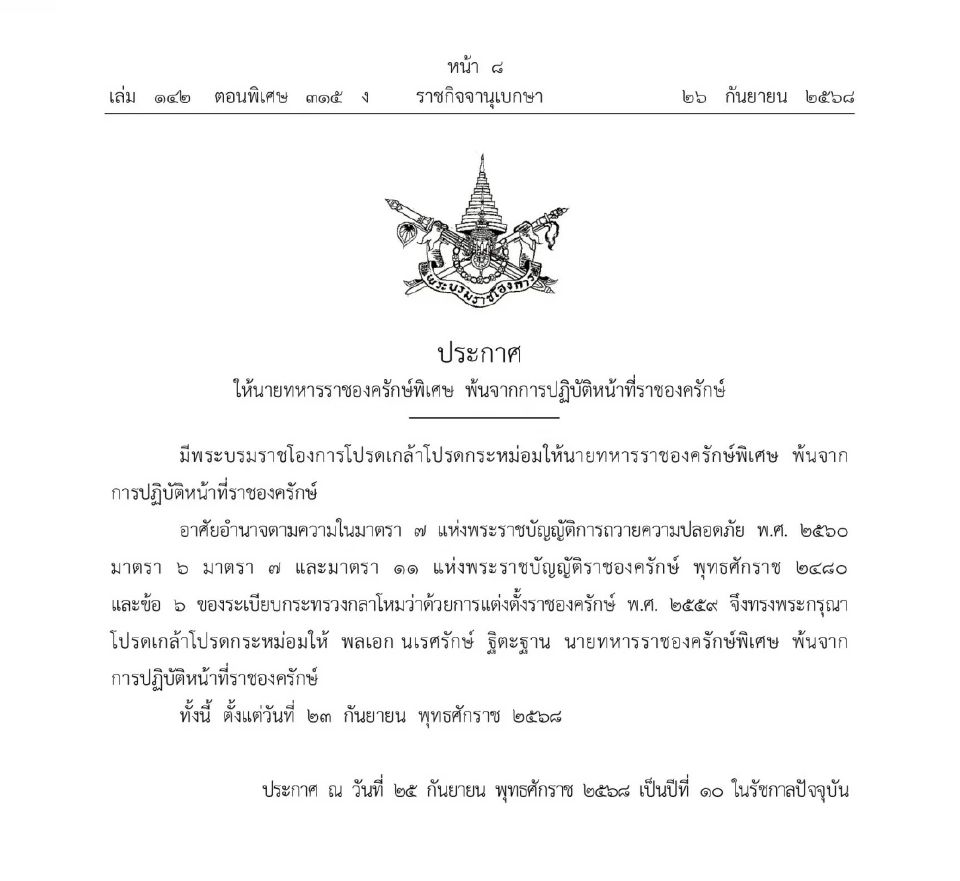 โปรดเกล้าฯ ให้ 8 นายทหารและตำรวจพ้นจากราชองครักษ์พิเศษ