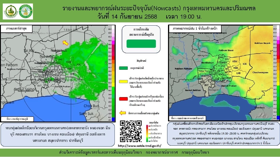 กรมอุตุนิยมวิทยา รายงานว่า เมื่อเวลา 19.00 น. พบกลุ่มฝนเล็กน้อยบริเวณกรุงเทพมหานคร