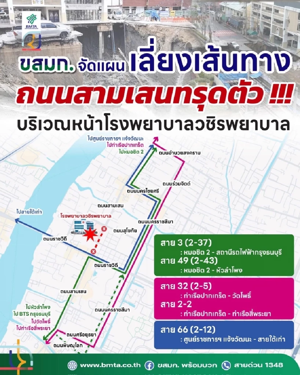 ‘ขสมก.’ แจ้งปรับเส้นทางเลี่ยงถนนทรุดตัวหน้ารพ.วชิรพยาบาล