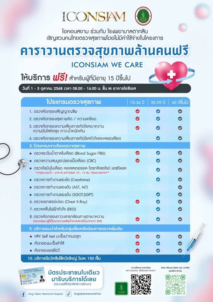 ไอคอนสยามร่วมโรงพยาบาลตากสิน ตรวจสุขภาพฟรี 3 วันเต็ม 1-3 ต.ค. นี้