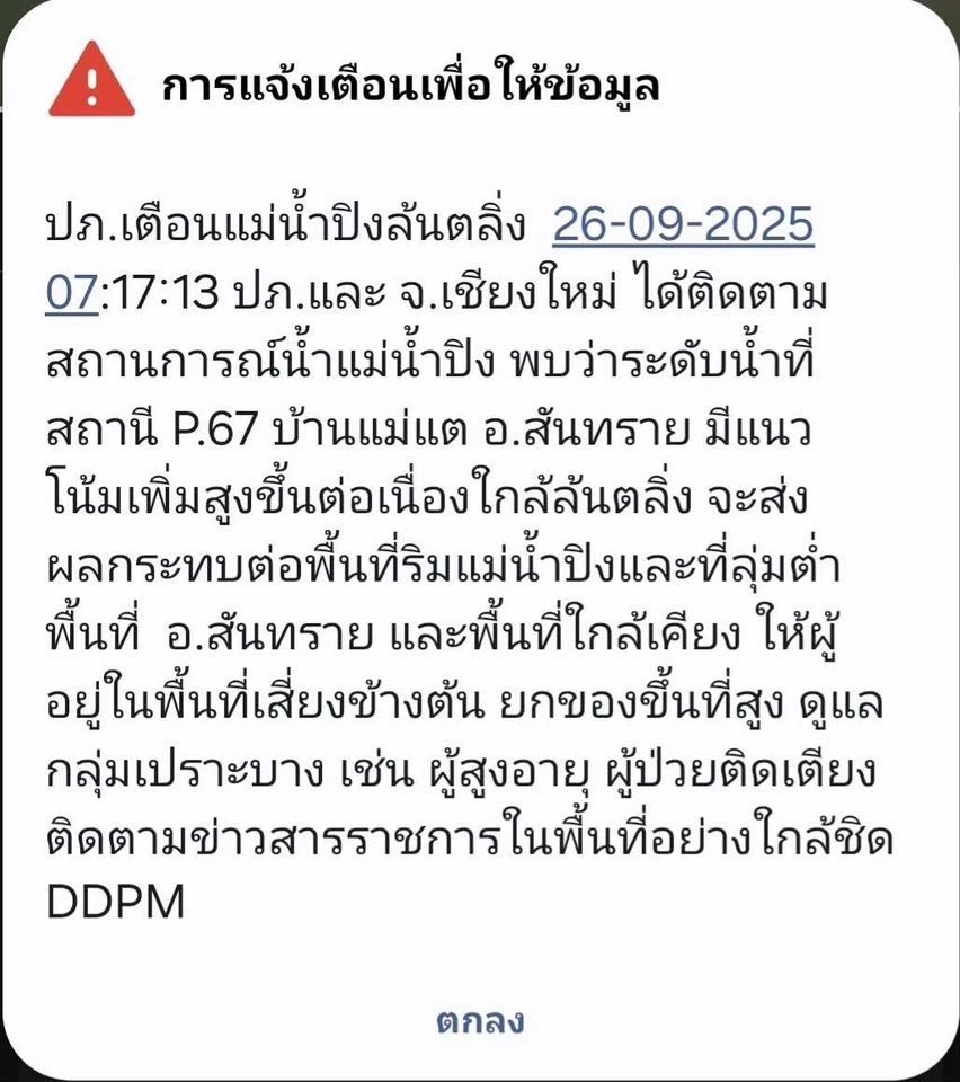 ปภ.ส่ง Cell Broadcast แจ้งเตือนแม่น้ำปิงล้นตลิ่ง สันทราย เชียงใหม่