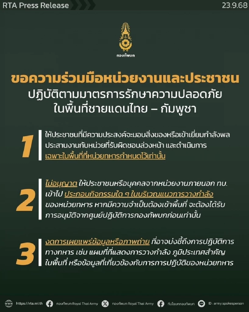  กองทัพบกขอความร่วมมือหน่วยงานและประชาชนปฏิบัติตามมาตรการรักษาความปลอดภัยในพื้นที่ชายแดนไทย–กัมพูชา