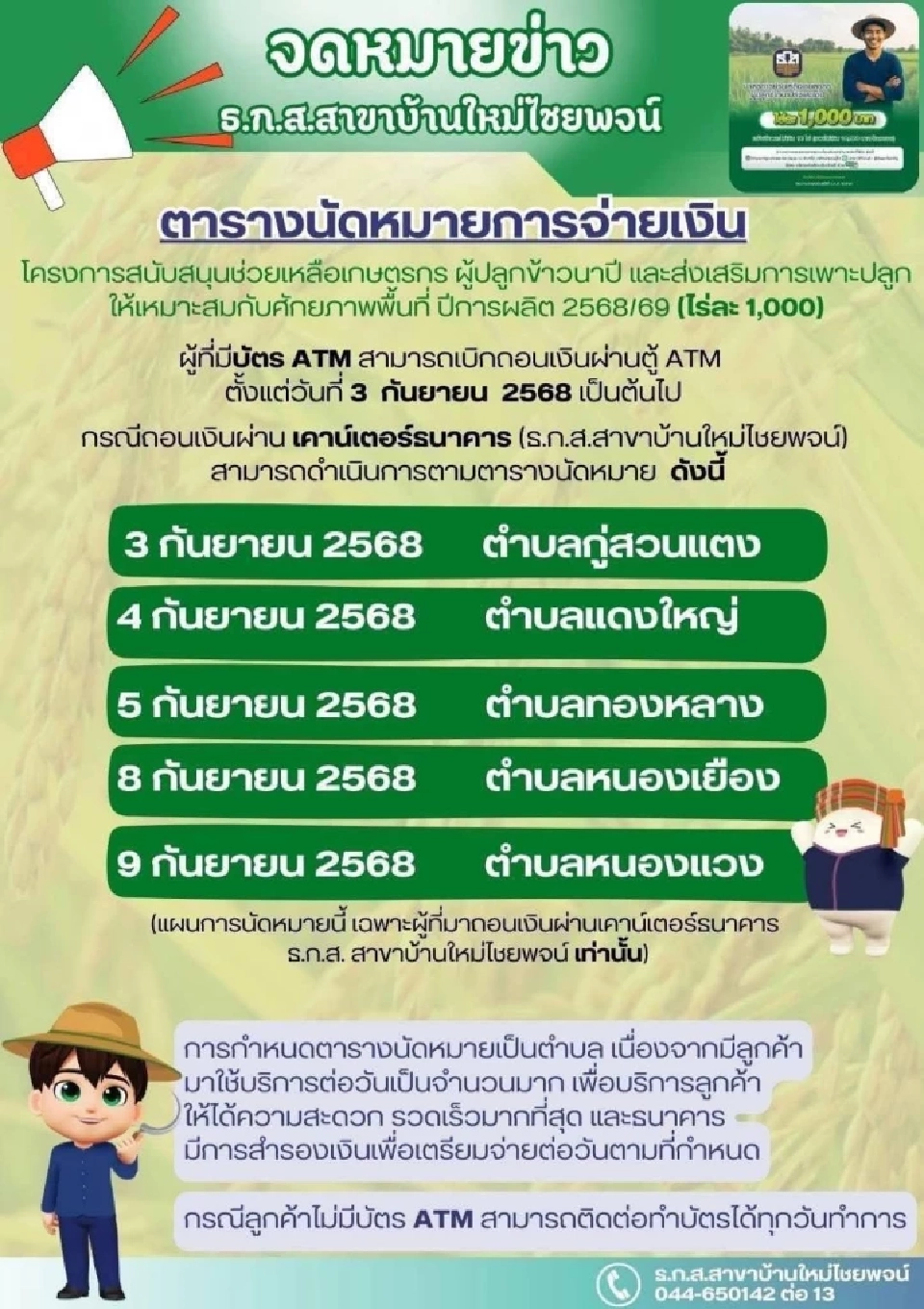 ธ.ก.ส.สาขาบ้านใหม่ไชยพจน์ โอนเงินไร่ละพัน