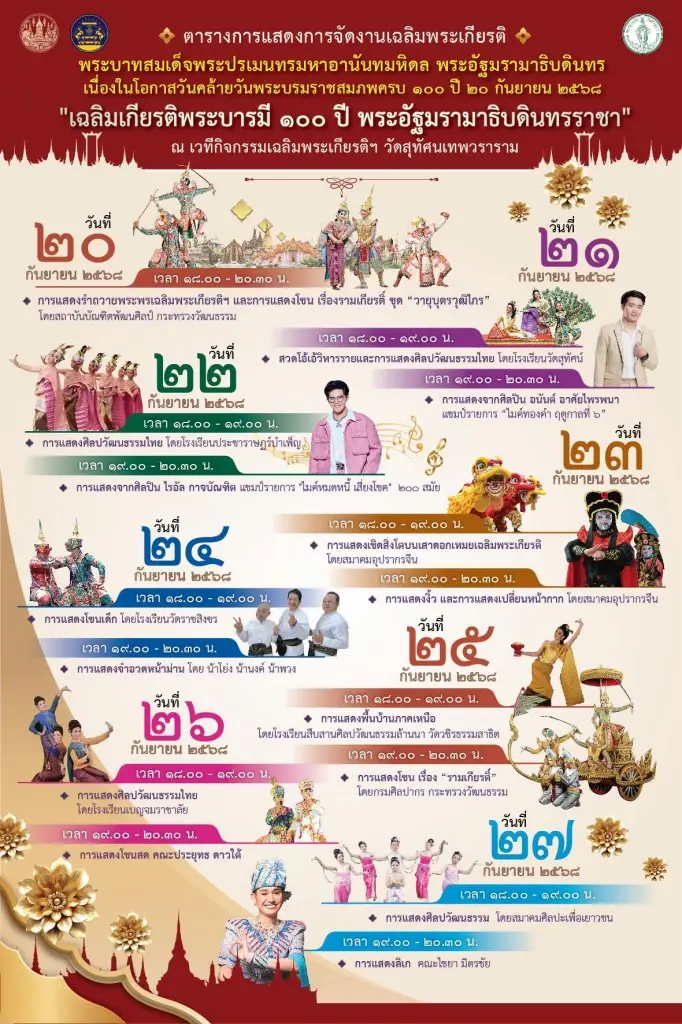 ตารางการแสดงกิจกรรมเฉลิมพระเกียรติ ร.8  ครบรอบ 100 ปี 