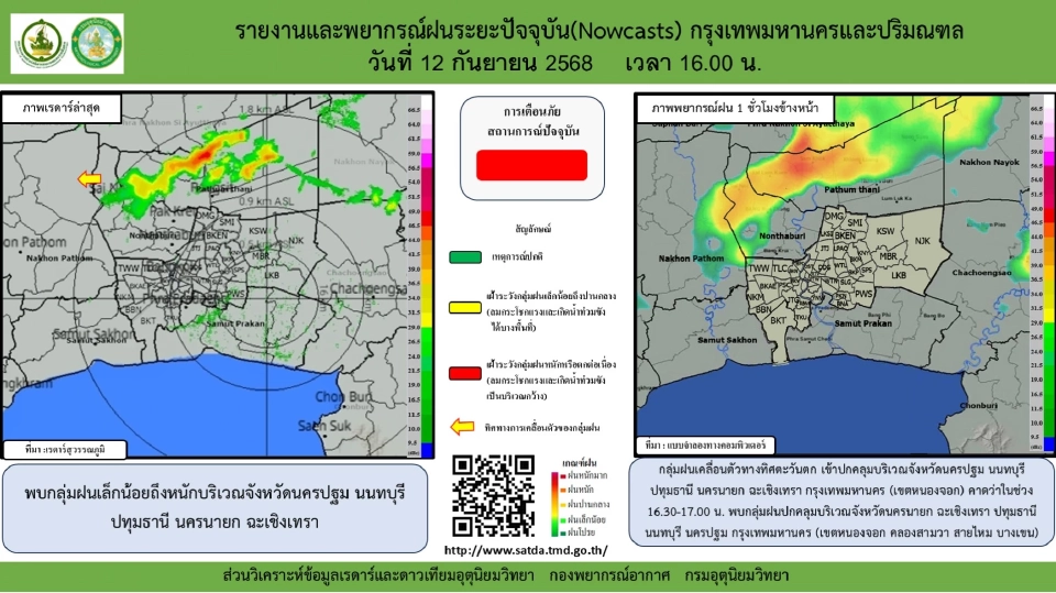 กรมอุตุนิยมวิทยา รายงานว่า เมื่อเวลา 16.00 น.พบกลุ่มฝนเล็กน้อยถึงหนักบริเวณจังหวัดนครปฐม นนทบุรี ปทุมธานี นครนายก ฉะเชิงเทรา