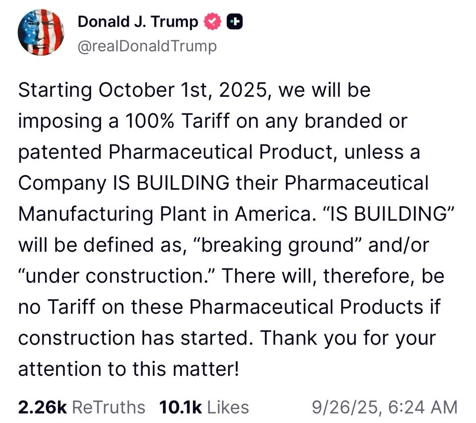 ทรัมป์ประกาศเก็บภาษียานำเข้า 100% เริ่มบังคับใช้ 1 ต.ค.