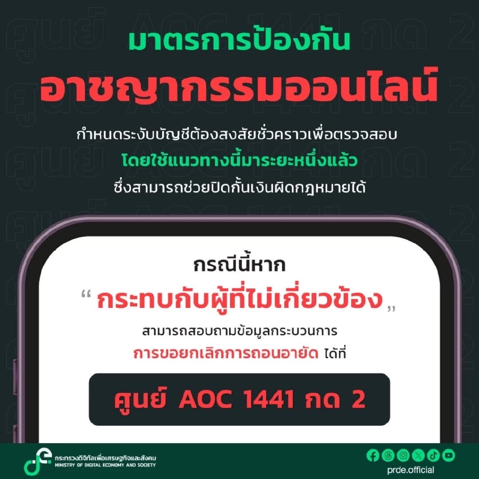 ‘ดีอี’ แจงขั้นตอนอายัดบัญชีสกัดมิจฉาชีพ แนะผู้เสียหายติดต่อ  AOC 1441
