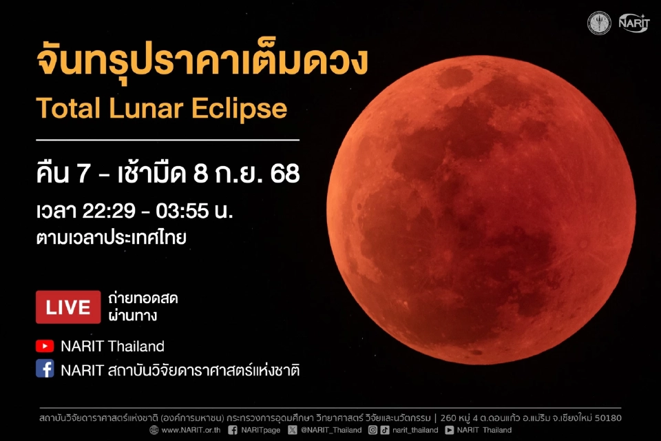 เตรียมชม 'จันทรุปราคาเต็มดวง' คืน 7-8 ก.ย.68 มองเห็นด้วยตาเปล่า 