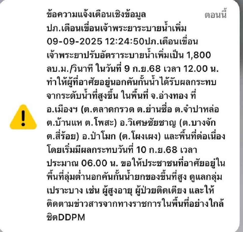 เตือนเขื่อนเจ้าพระยาปรับอัตราระบายน้ำเพิ่ม