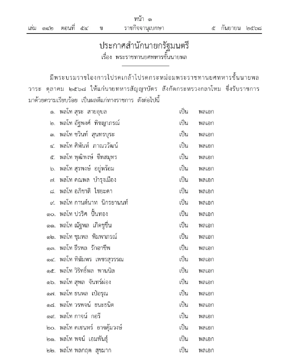 โปรดเกล้าฯ พระราชทานยศ “ทหารชั้นนายพล”  639 นาย มีผล 1 ต.ค. 2568