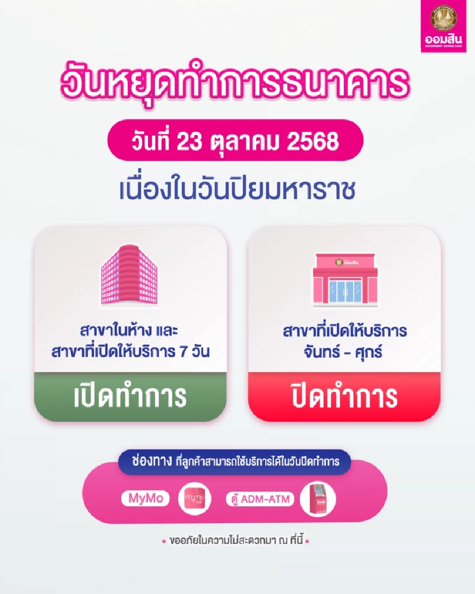 วันหยุดทำการธนาคารออมสิน วันที่ 23 ตุลาคม 2568 เนื่องในวันปิยมหาราช