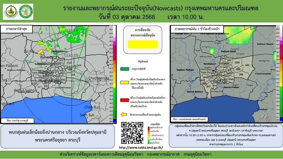 กรมอุตุนิยมวิทยา รายงานเมื่อเวลา 10.00 น.พบกลุ่มฝนเล็กน้อยถึงปานกลาง 