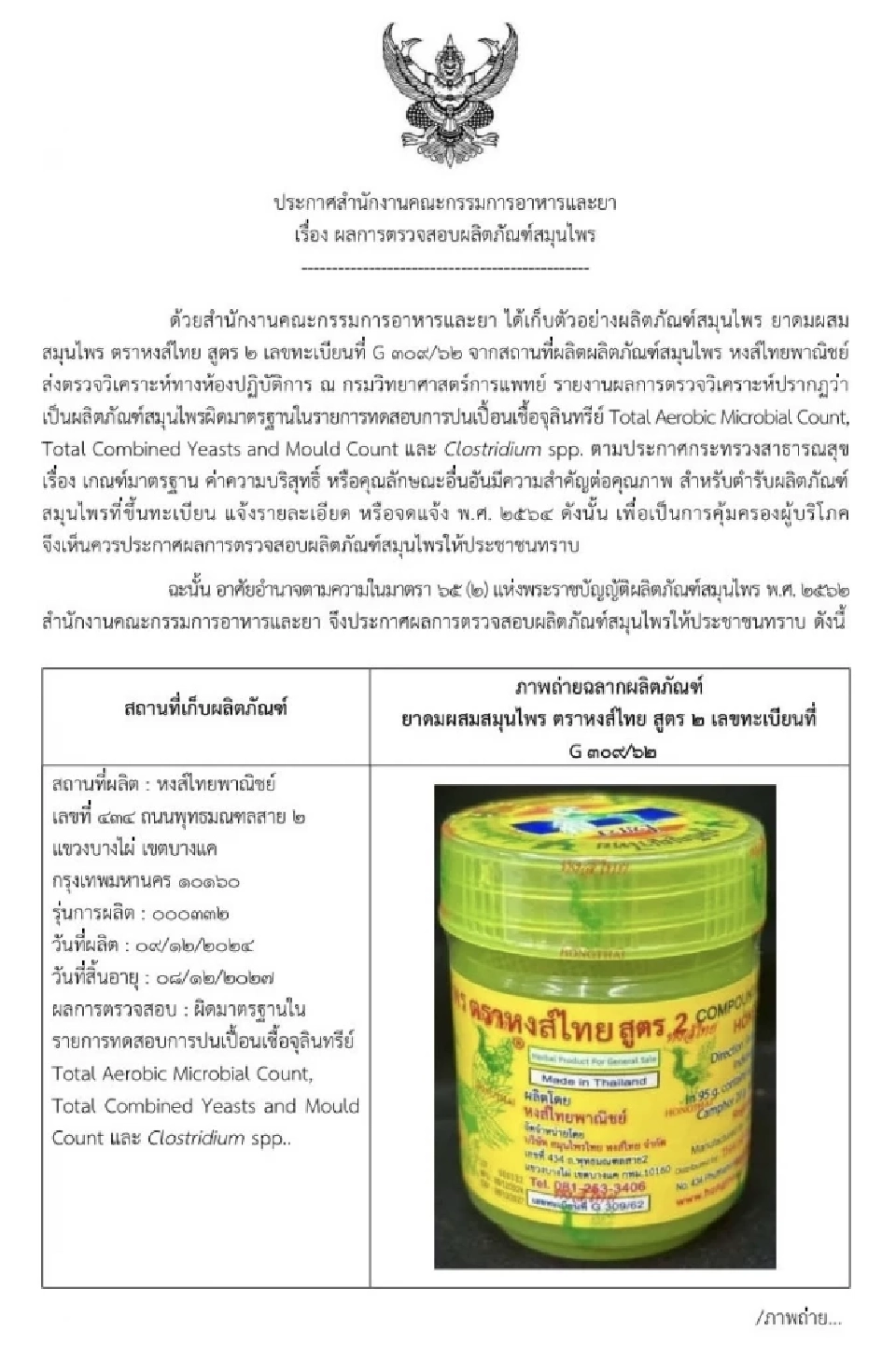 อย.ออกประกาศ ยาดม “หงส์ไทย สูตร 2” ผิดมาตรฐาน ปนเปื้อนเชื้อจุลินทรีย์