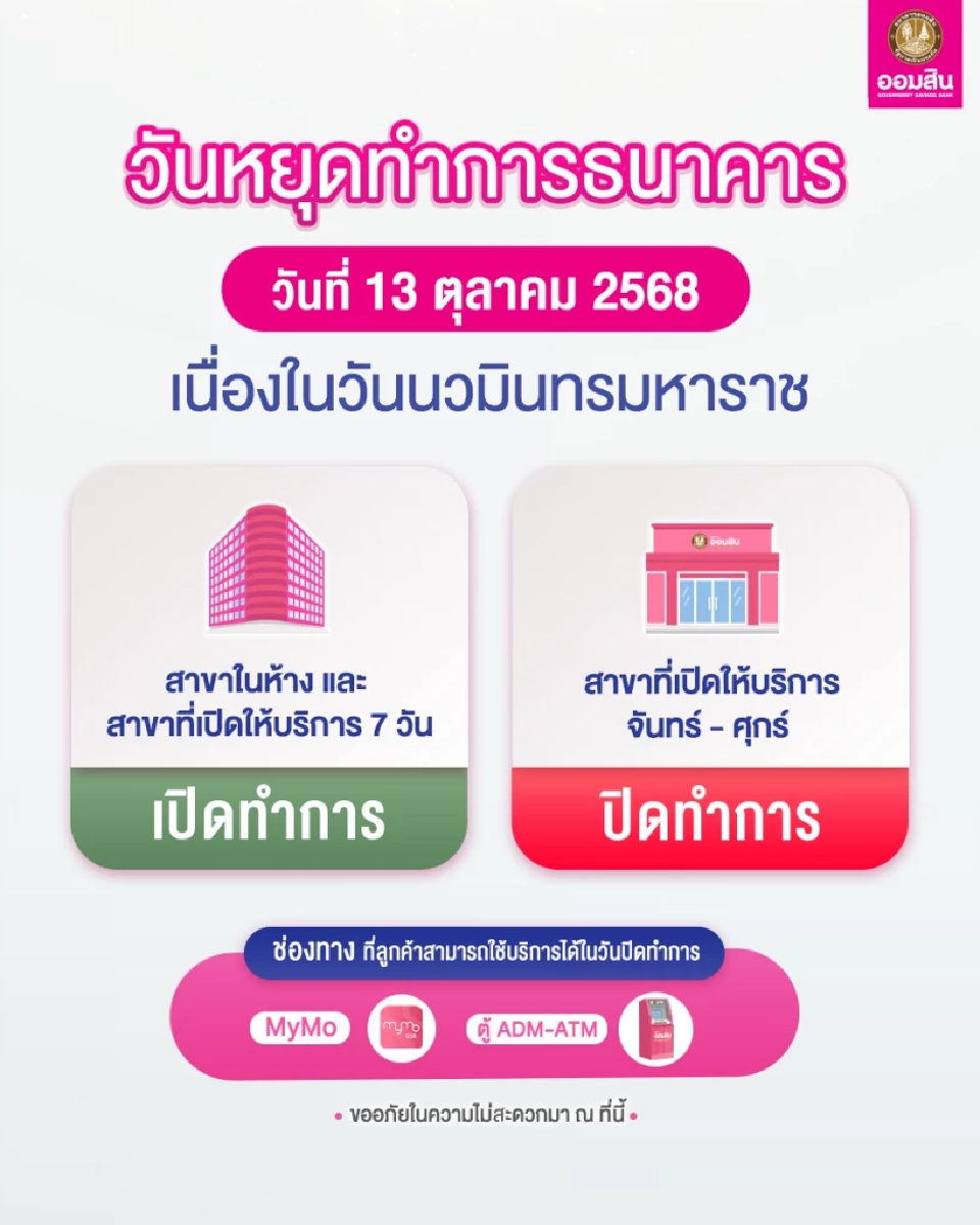 ธนาคารออมสิน แจ้งวันหยุดทำการธนาคารออมสิน วันที่ 13 ตุลาคม 2568 เนื่องในวันนวมินทรมหาราช