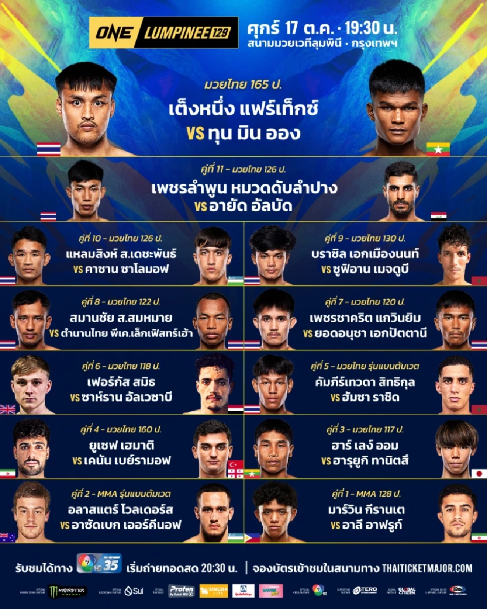 LIVE ถ่ายทอดสดมวย ONE ลุมพินี 129 'เต็งหนึ่ง vs ทุน มิน ออง' วันนี้ 17 ต.ค. 68