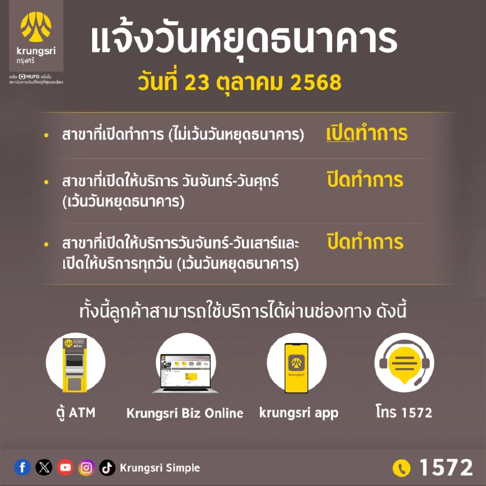 ธนาคารกรุงศรีอยุธยา แจ้งวันหยุดธนาคาร วันที่ 23 ต.ค. 68 