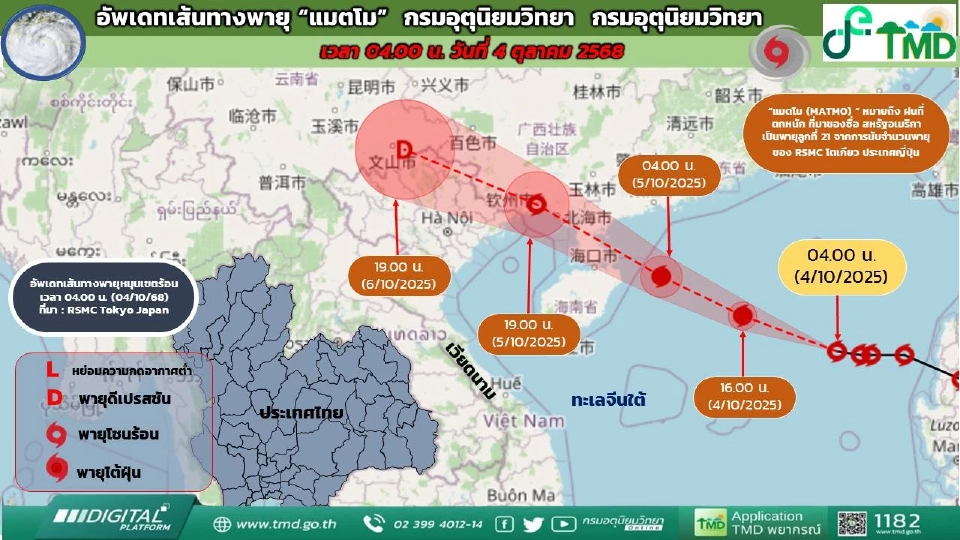 กรมอุตุนิยมวิทยา ออกประกาศฉบับ 3 พายุแมตโม แนวโน้มทวีกำลังแรงเป็นพายุไต้ฝุ่น คาดดึงมรสุมกระทบไทยฝนเพิ่มกับมีฝนตกหนักบางแห่ง