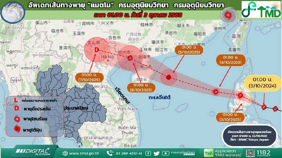 กรมอุตุนิยมวิทยา อัปเดตเส้นทางพายุลูกใหม่ล่าสุด &quot;พายุแมตโม&quot;ย้ำไม่เข้าไทยโดยตรง แต่จะดึงเมฆฝน คาดเหนือ อีสานตอนบนฝนเพิ่ม 