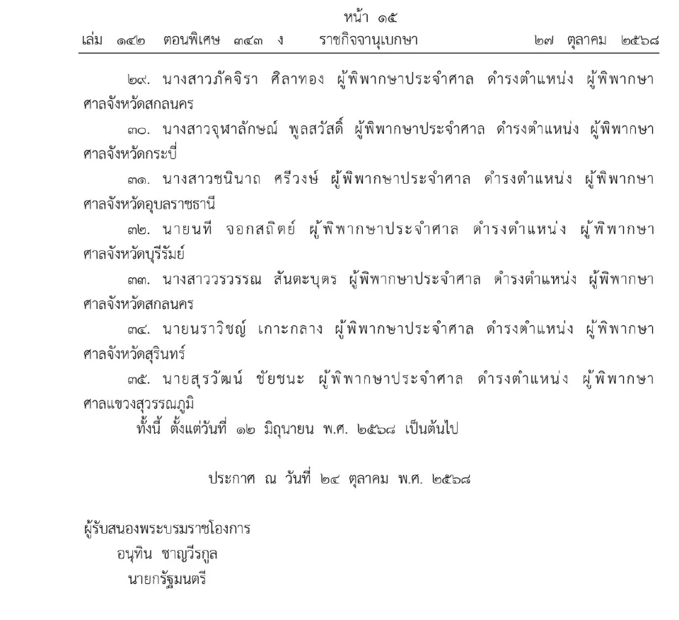 โปรดเกล้าฯ แต่งตั้งผู้พิพากษาศาลชั้นต้น 35 ราย มีผล 12 มิ.ย. 2568