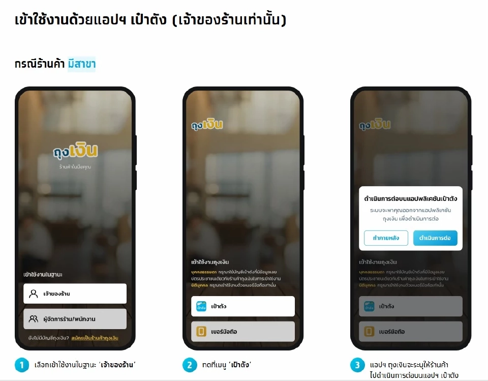วิธีใช้งานแอปถุงเงิน เข้าใช้งานด้วยแอปฯ เป๋าตัง (เจ้าของร้านเท่านั้น) กรณีร้านค้า มีสาขา