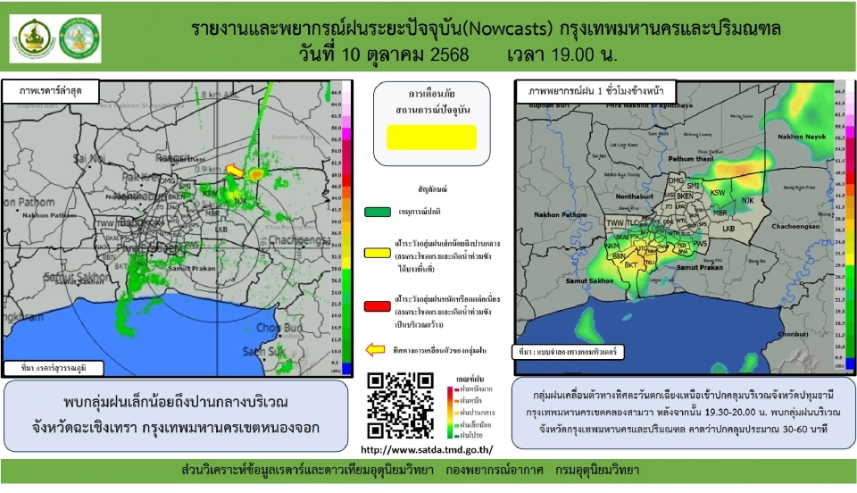 กรมอุตุนิยมวิทยา พยากรณ์ฝนกทม.วันนี้ 10 เดือน 10 ปี 68 คาดฝนฟ้าคะนอง 60 % เช็กเรดาร์ฝนเขตใด พื้่นที่ไหนฝนตก