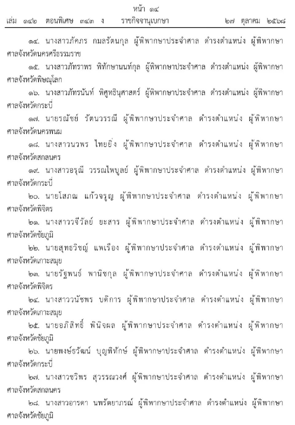 โปรดเกล้าฯ แต่งตั้งผู้พิพากษาศาลชั้นต้น 35 ราย มีผล 12 มิ.ย. 2568