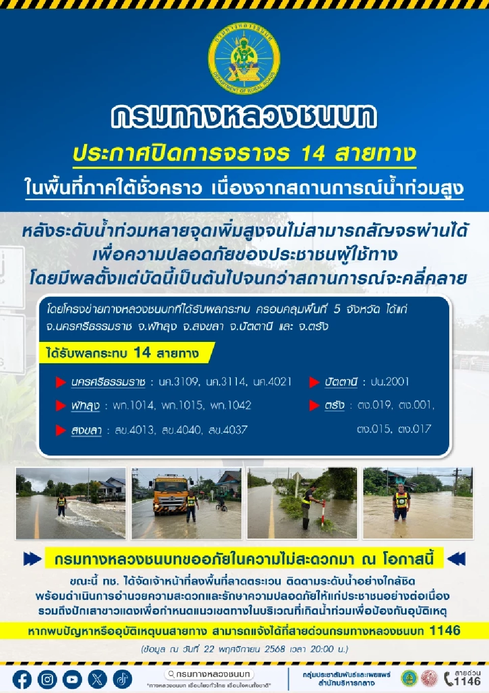 น้ำท่วม 5 จังหวัด 'ทางหลวงชนบท' ปิดถนน 14 เส้นทาง งดสัญจร