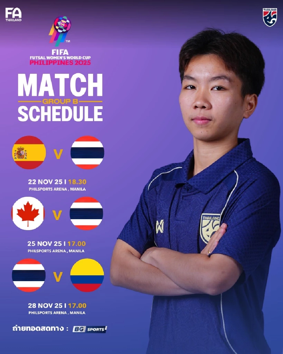 โปรแกรมการแข่งขัน ถ่ายทอดสดฟุตซอลหญิงทีมชาติไทย ในศึกฟุตซอลหญิงชิงแชมป์โลก 2025 กลุ่ม B