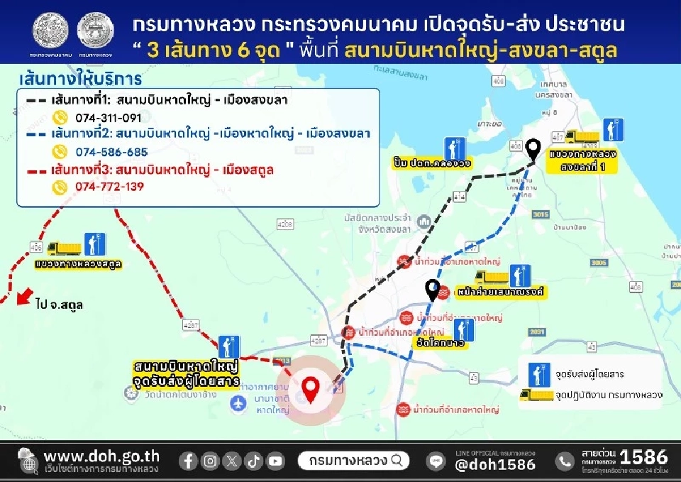 กรมทางหลวง ตั้งจุดรับ-ส่ง ประชาชน “3 เส้นทาง 6 จุด” พื้นที่ สงขลา-สตูล