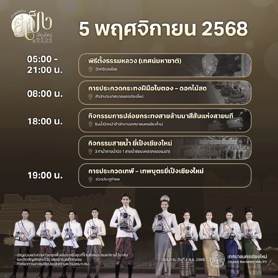 ลอยกระทงเชียงใหม่ 2568 เช็กกำหนดการประเพณียี่เป็ง ขบวนแห่กระทงใหญ่ที่นี่