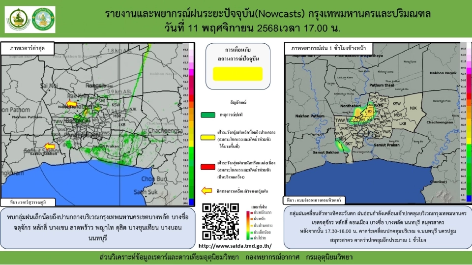 กทม.ฝนตกไหม เช็กเรดาร์ฝน พยากรณ์ฝน-อากาศกรุงเทพวันนี้ 11 พ.ย.68 